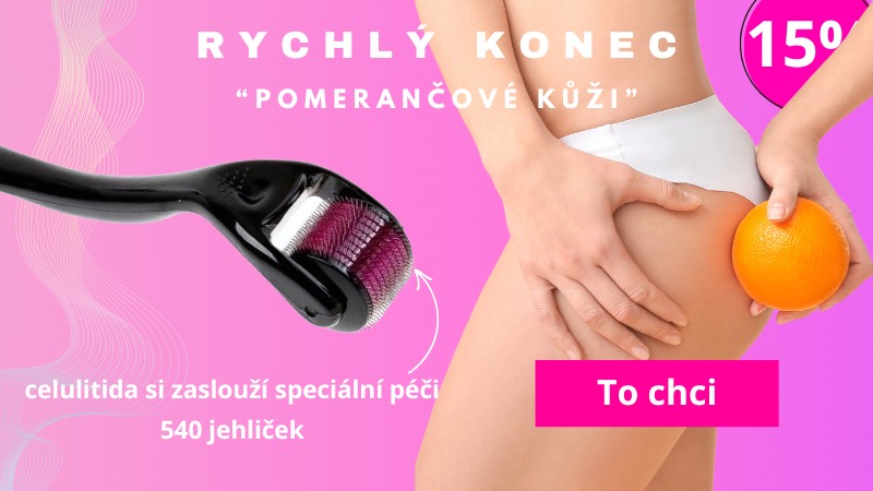 Dermaroller na celulitidu vedle ženského stehna s pomerančem, s nápisem "Konec pomerančové kůži"